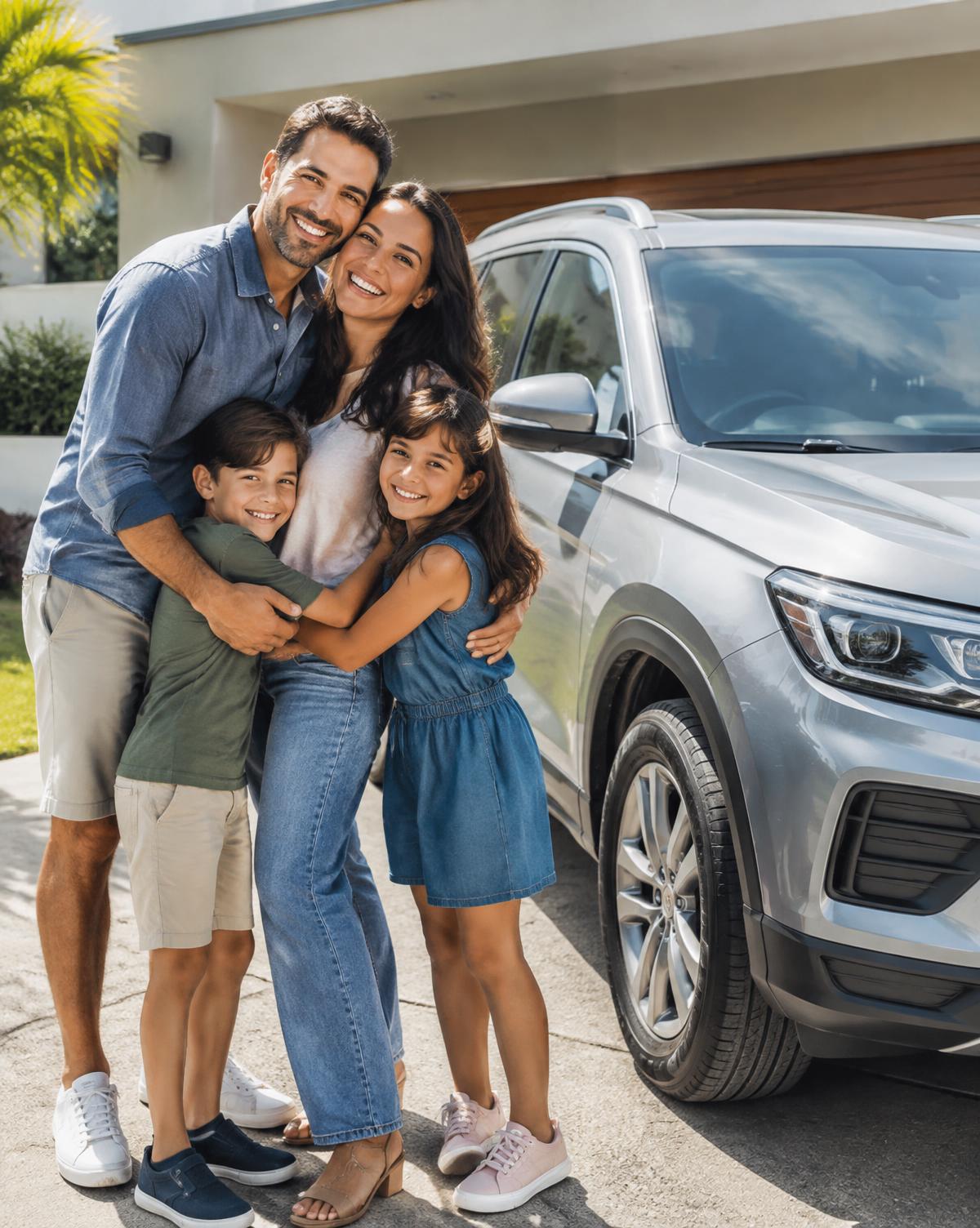 Família abraçada ao lado do carro novo