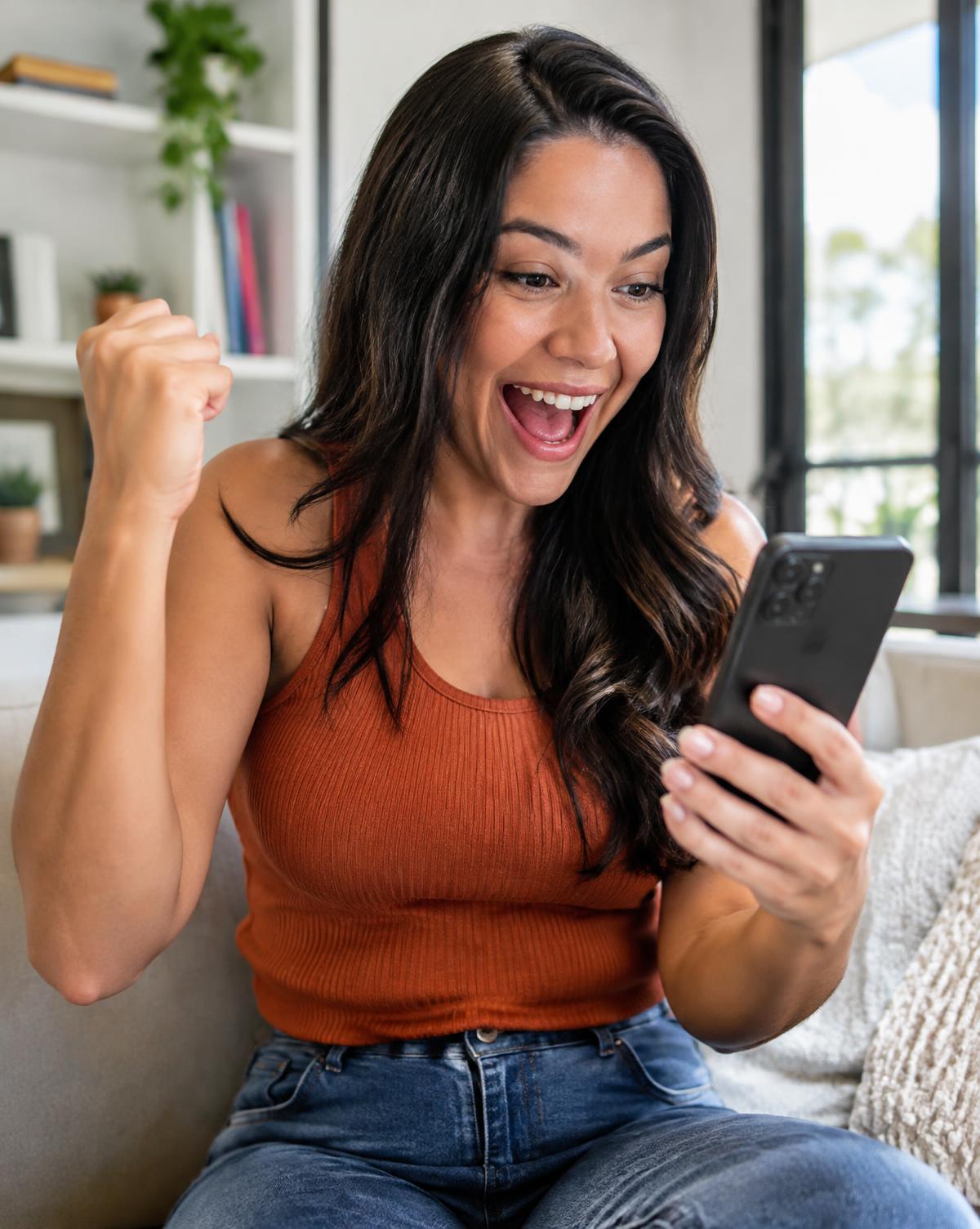 Mulher comemorando uma boa notícia no celular