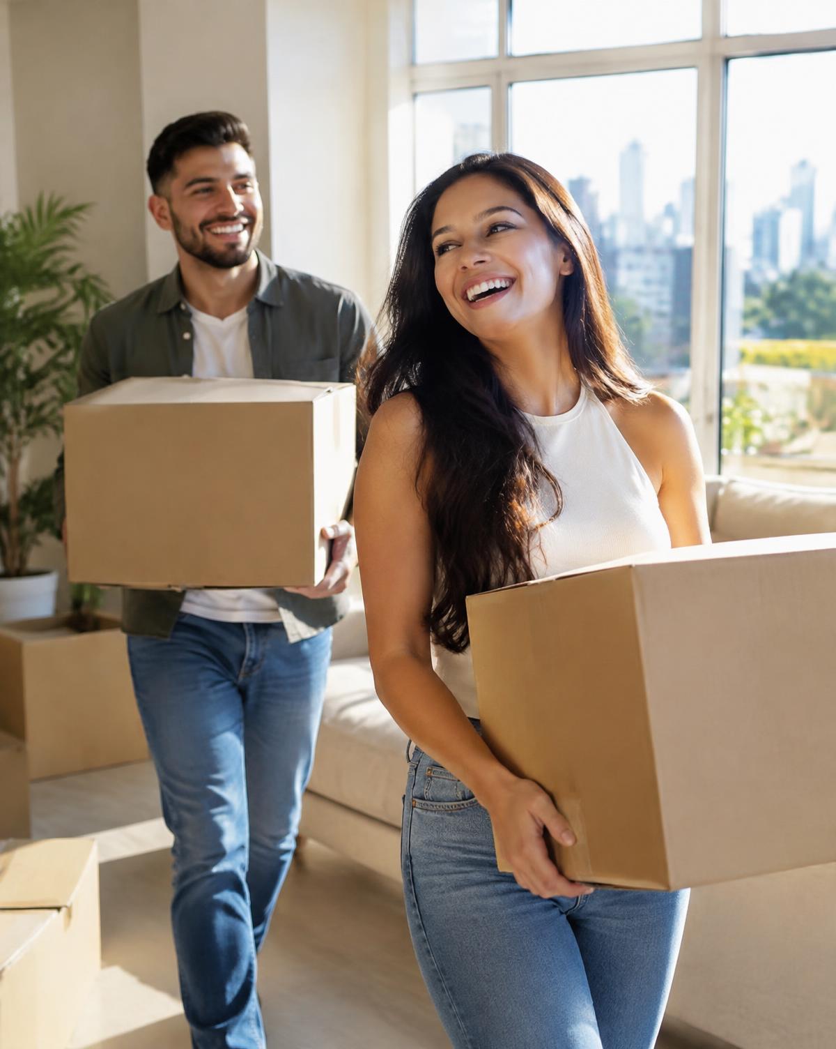 Casal carregando caixas no apartamento novo